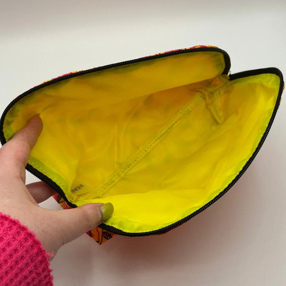 Clinique x Donald Robertson Makeup Bag Orange Pink Lips Leaf Cosmetic Pouch NWOT